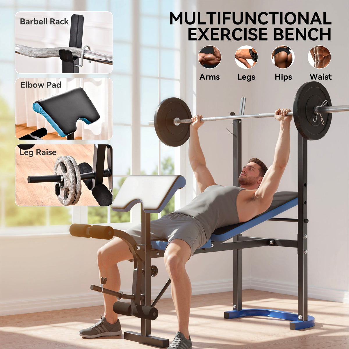 Adjustable Weight Bench with Barbell Rack and Leg Developer for Weight Lifting and Strength Training Multifunctional Workout Station for Home Gym Fitness, Black