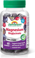 Jamieson 100% Pure Magnesium Bisglycinate 20 mg Gummies Cranberry Grape Flavour, Not Blended, Magnesium Oxide Free, Supports Bone Development and Muscle Function, Source of Electrolytes, No Artificial Colours, Flavours, or Preservatives, 60 Count