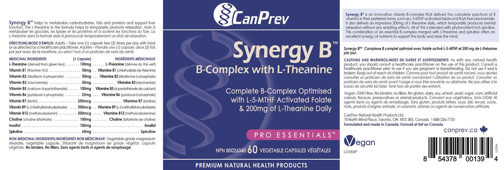 CanPrev Synergy B Complex 60 V-Caps 30-Day Supply - Vitamin B Supplement with L-Theanine 200mg - Complete B Complex Optimized with L-5-MTHF Activated Folate & Spirulina - Vegan, Non-GMO & Gluten-Free 🍁 All In One Marketplace Canada