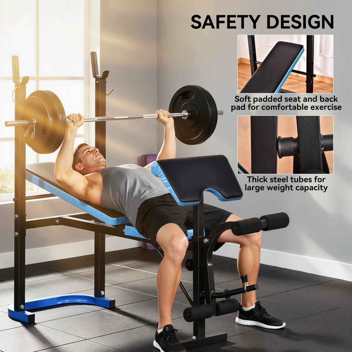Adjustable Weight Bench with Barbell Rack and Leg Developer for Weight Lifting and Strength Training Multifunctional Workout Station for Home Gym Fitness, Black