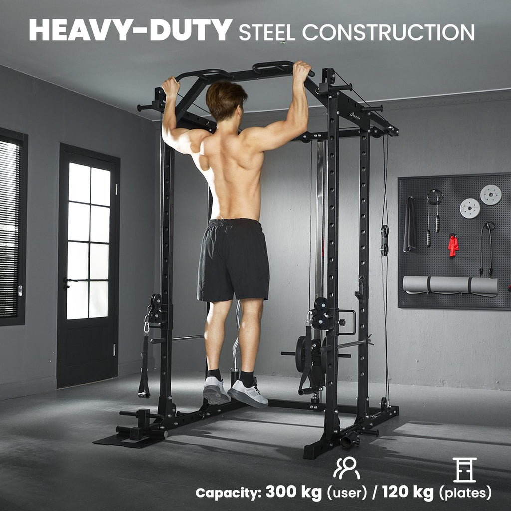 Multi-Functional Power Rack, Smith Machine Cable Crossover System with Pull Up Bar, Lat-Pull Down System, Landmine