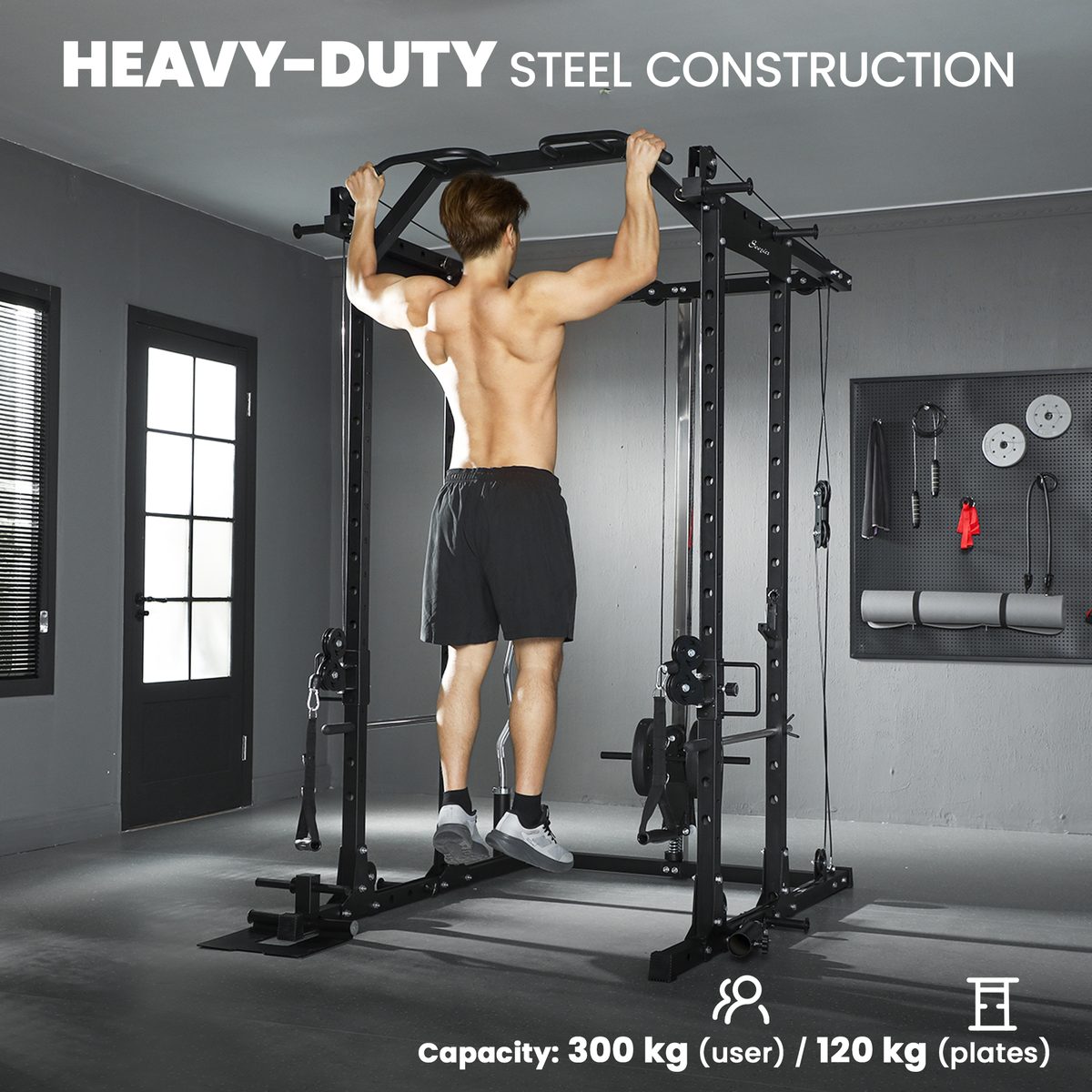 Multi-Functional Power Rack, Smith Machine Cable Crossover System with Pull Up Bar, Lat-Pull Down System, Landmine