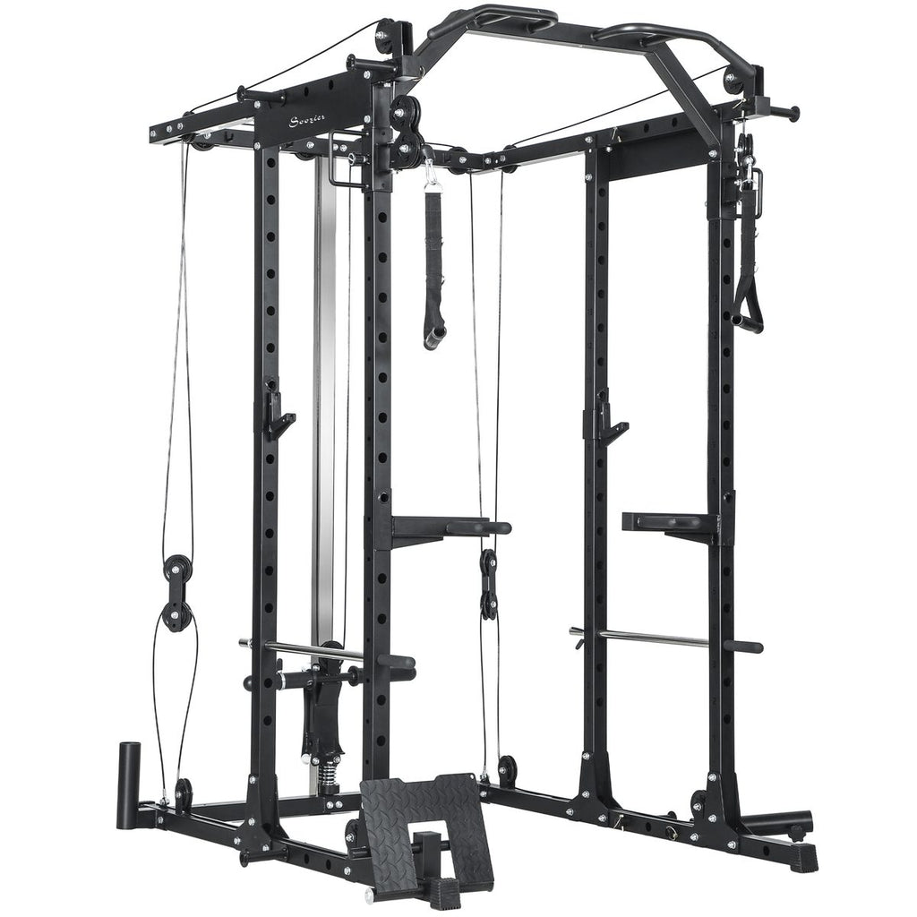Multi-Functional Power Rack, Smith Machine Cable Crossover System with Pull Up Bar, Lat-Pull Down System, Landmine
