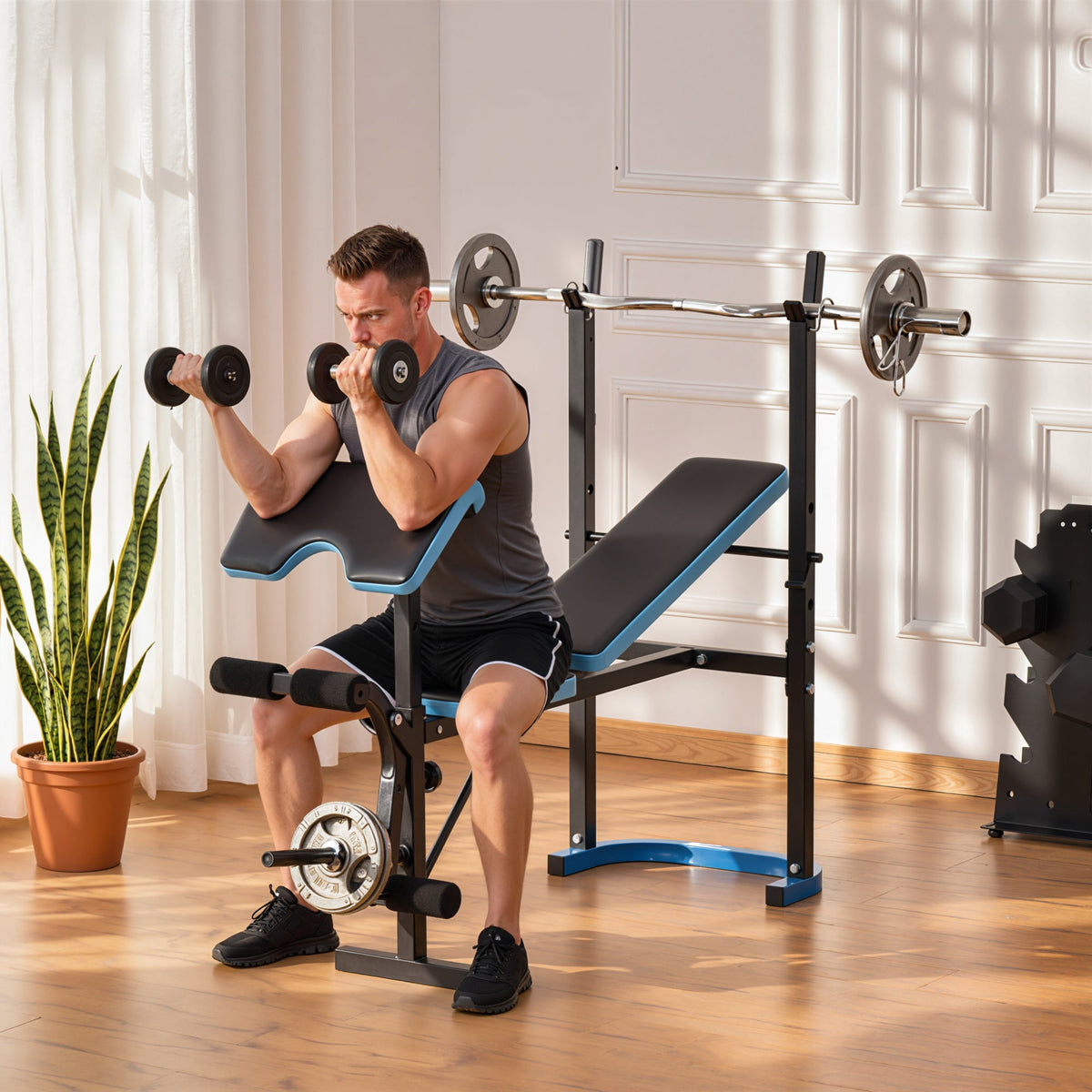 Adjustable Weight Bench with Barbell Rack and Leg Developer for Weight Lifting and Strength Training Multifunctional Workout Station for Home Gym Fitness, Black