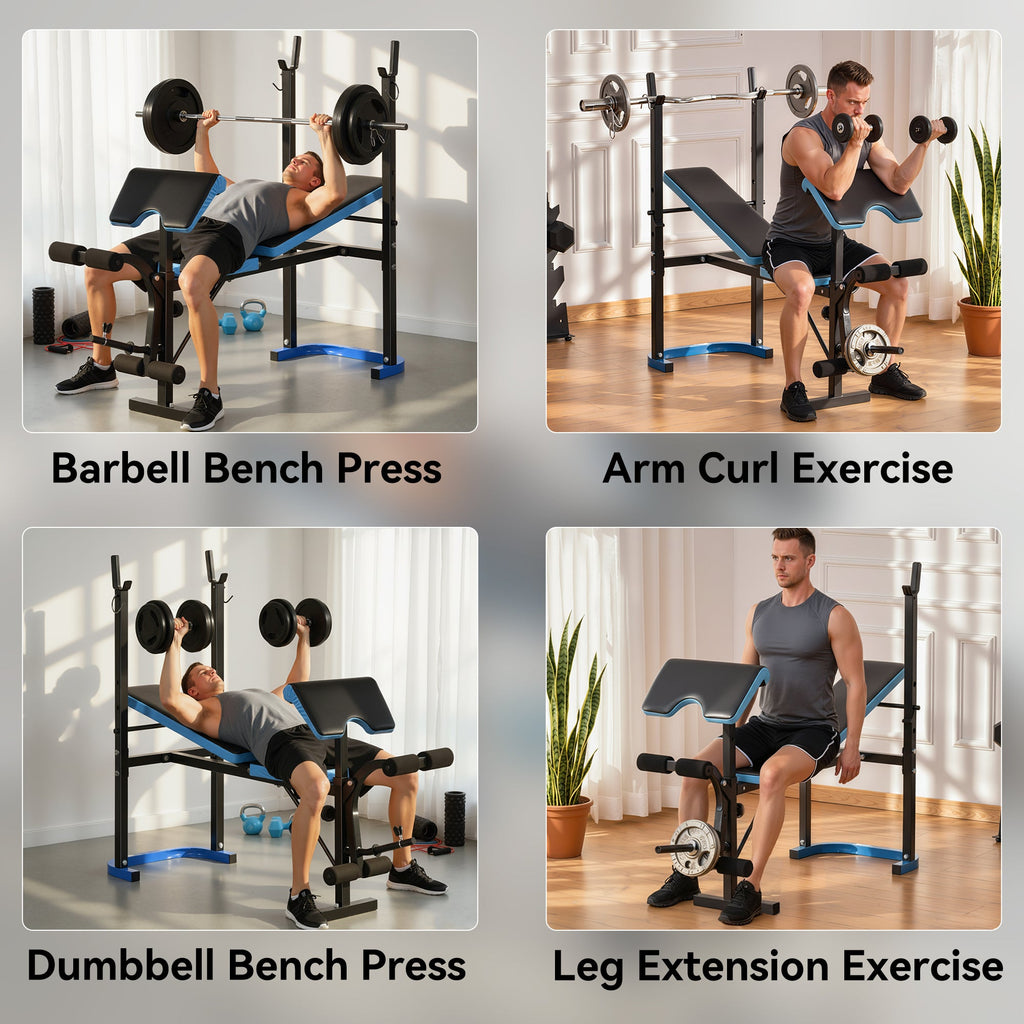 Adjustable Weight Bench with Barbell Rack and Leg Developer for Weight Lifting and Strength Training Multifunctional Workout Station for Home Gym Fitness, Black