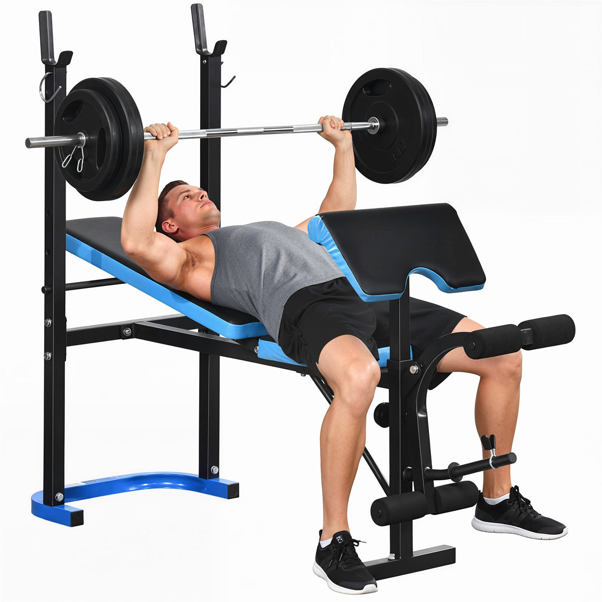 Adjustable Weight Bench with Barbell Rack and Leg Developer for Weight Lifting and Strength Training Multifunctional Workout Station for Home Gym Fitness, Black